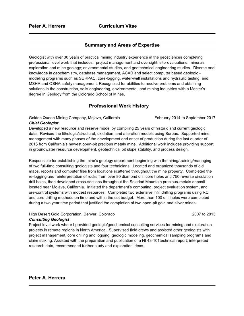 Peter A. Herrera Curriculum Vitae Summary and Areas of Expertise