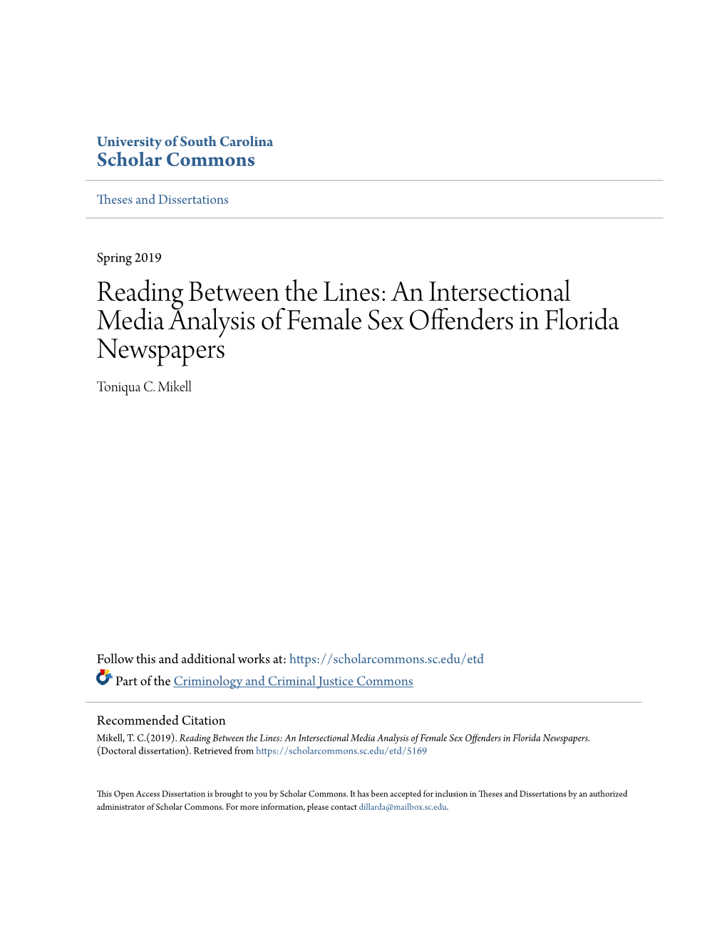 Reading Between the Lines: an Intersectional Media Analysis of Female Sex Offenders in Florida Newspapers Toniqua C