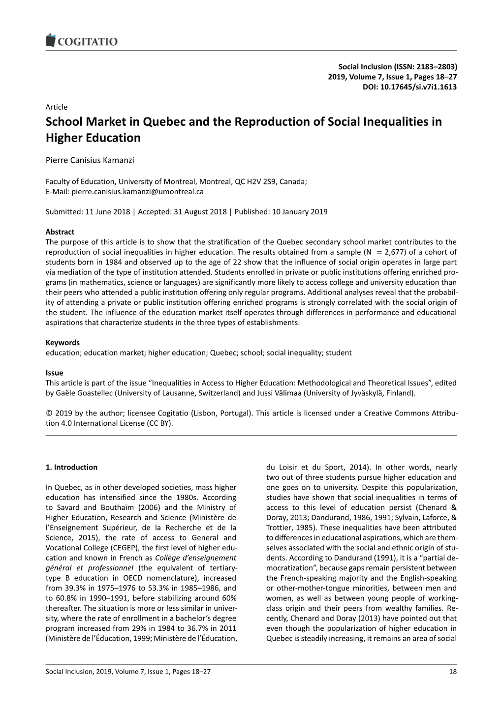 School Market in Quebec and the Reproduction of Social Inequalities in Higher Education