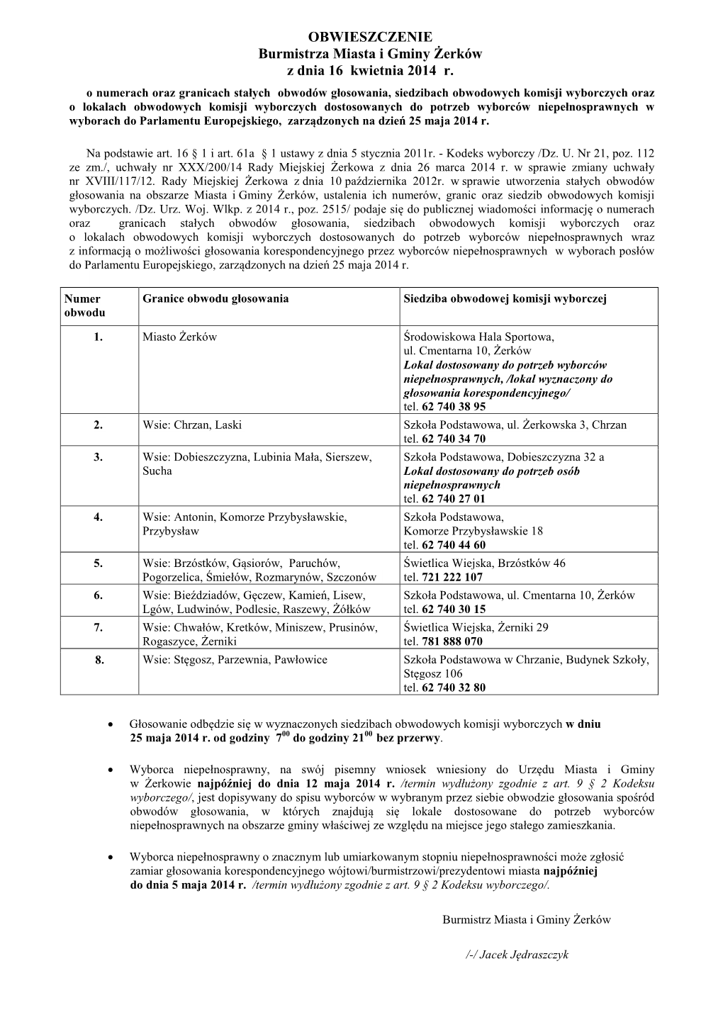 OBWIESZCZENIE Burmistrza Miasta I Gminy Żerków Z Dnia 16 Kwietnia 2014 R