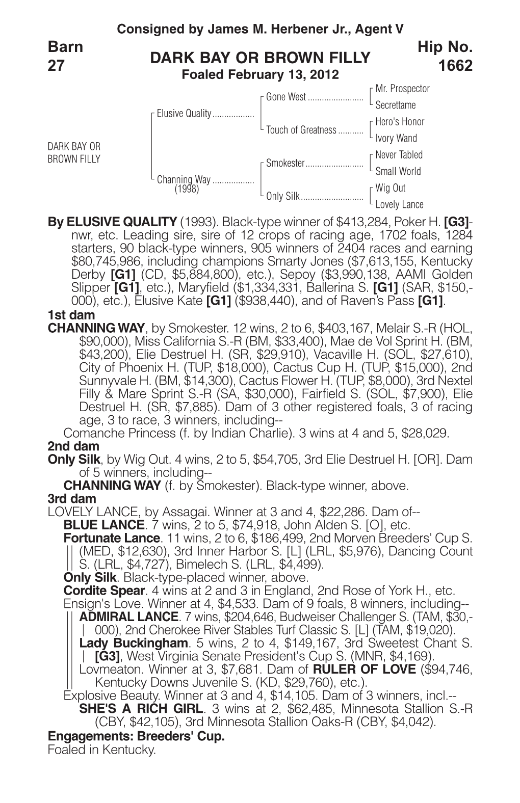 DARK BAY OR BROWN FILLY Barn 27 Hip No. 1662