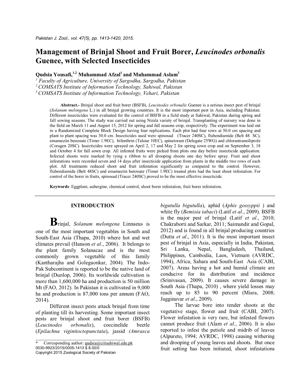 Management of Brinjal Shoot and Fruit Borer, Leucinodes Orbonalis Guenee, with Selected Insecticides