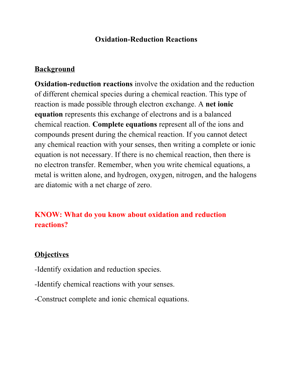 KNOW: What Do You Know About Oxidation and Reduction Reactions?