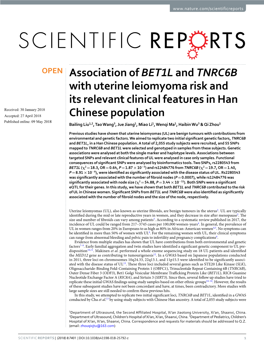 Association of BET1L and TNRC6B with Uterine Leiomyoma Risk and Its