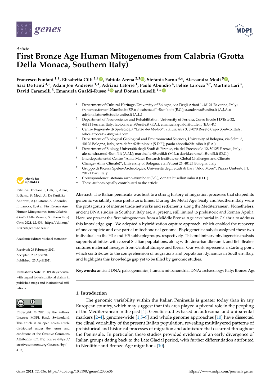 First Bronze Age Human Mitogenomes from Calabria (Grotta Della Monaca, Southern Italy)