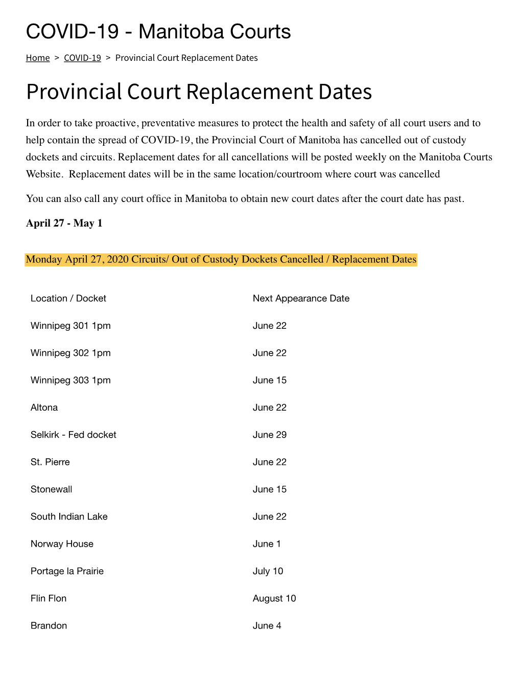 Provincial Court Replacement Dates Provincial Court Replacement Dates