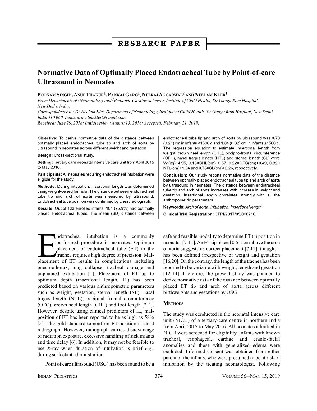 Normative Data of Optimally Placed Endotracheal Tube by Point-Of-Care Ultrasound in Neonates