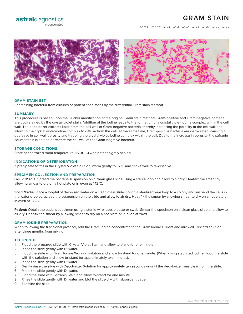 GRAM STAIN Item Number: 6250, 6251, 6252, 6253, 6254, 6255, 6256