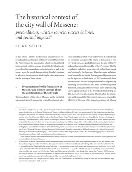 The Historical Context of the City Wall of Messene: Preconditions, Written Sources, Success Balance, and Societal Impacts*