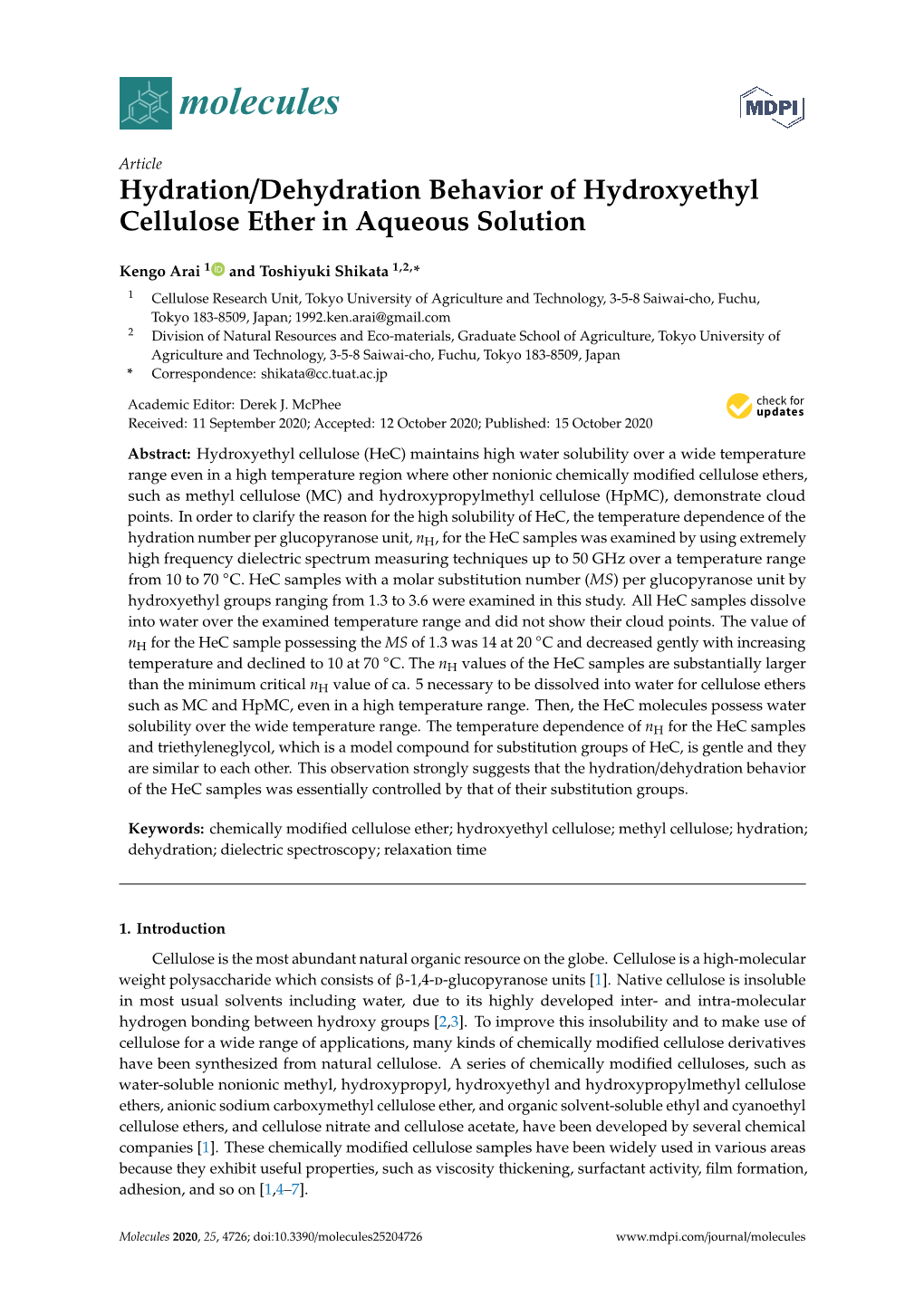 Hydration/Dehydration Behavior of Hydroxyethyl Cellulose Ether in Aqueous Solution