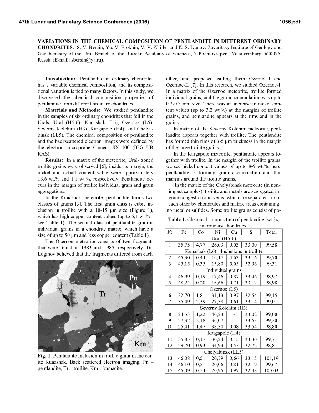 VARIATIONS in the CHEMICAL COMPOSITION of PENTLANDITE in DIFFERENT ORDINARY CHONDRITES. S. V. Berzin, Yu. V. Erokhin, V. V. Khiller and K