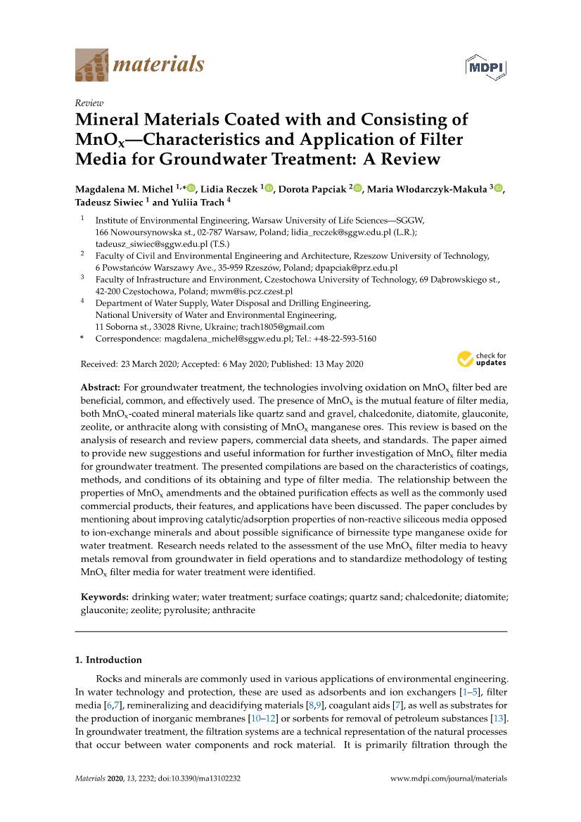 Mineral Materials Coated with and Consisting of Mnox—Characteristics and Application of Filter Media for Groundwater Treatment: a Review