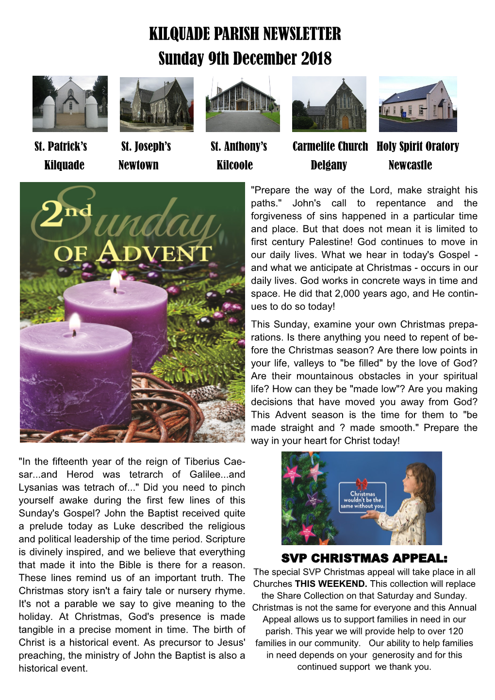 KILQUADE PARISH NEWSLETTER Sunday 9Th December 2018