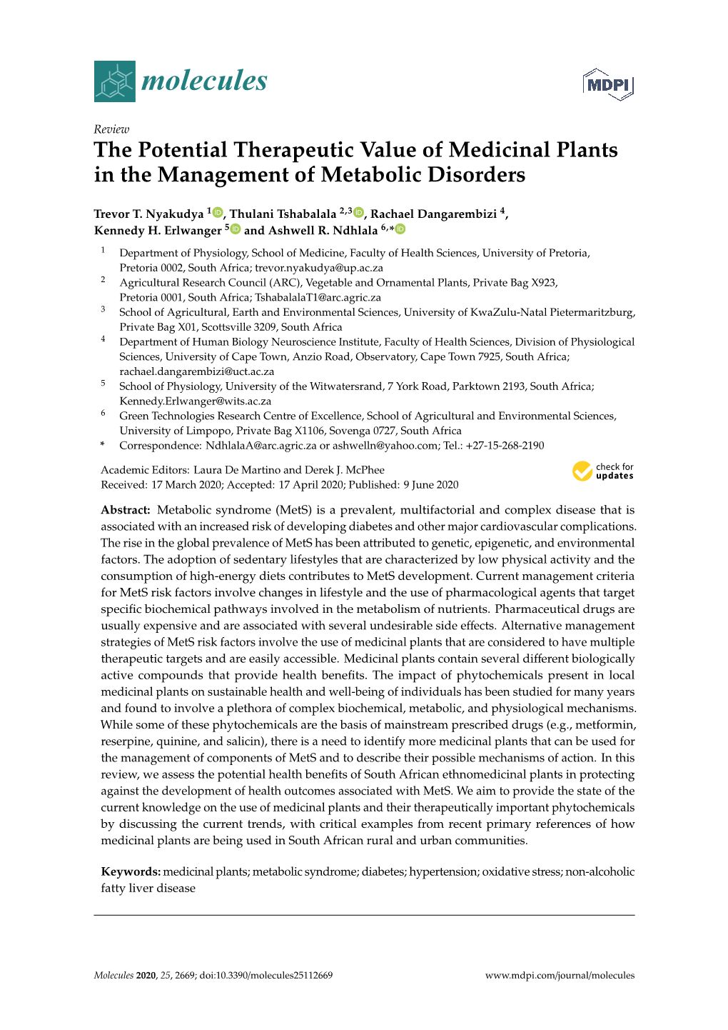 The Potential Therapeutic Value of Medicinal Plants in the Management of Metabolic Disorders
