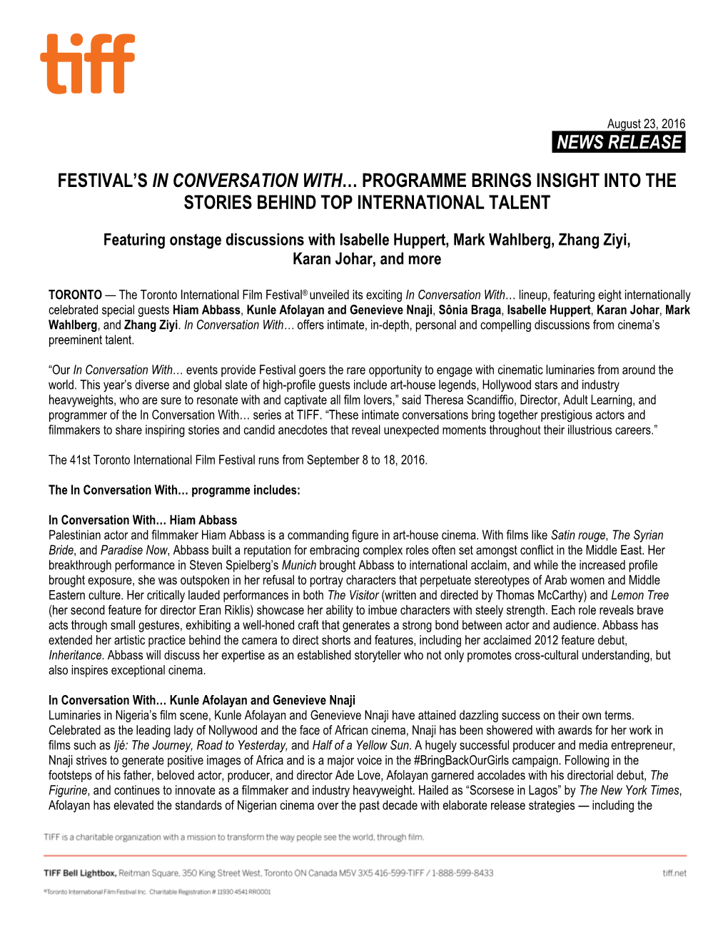 News Release. Festival's in Conversation