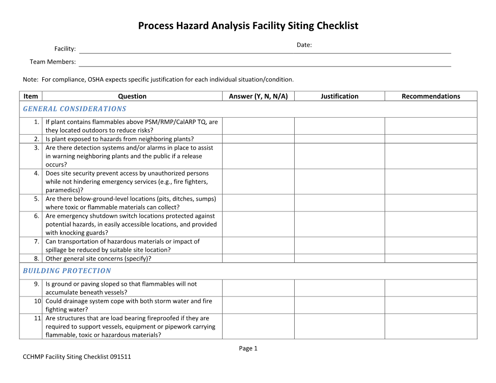 Process Hazard Analysis Facility Siting Checklist