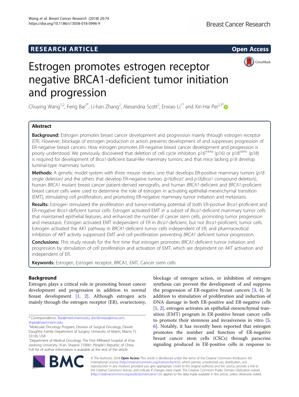 Estrogen Promotes Estrogen Receptor Negative BRCA1-Deficient Tumor