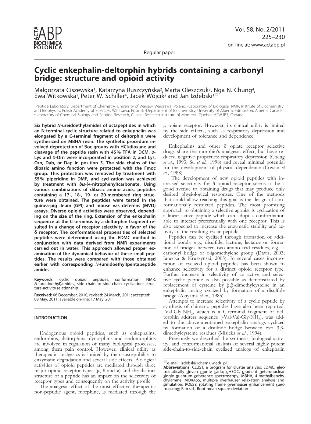 Cyclic Enkephalin-Deltorphin Hybrids Containing a Carbonyl Bridge