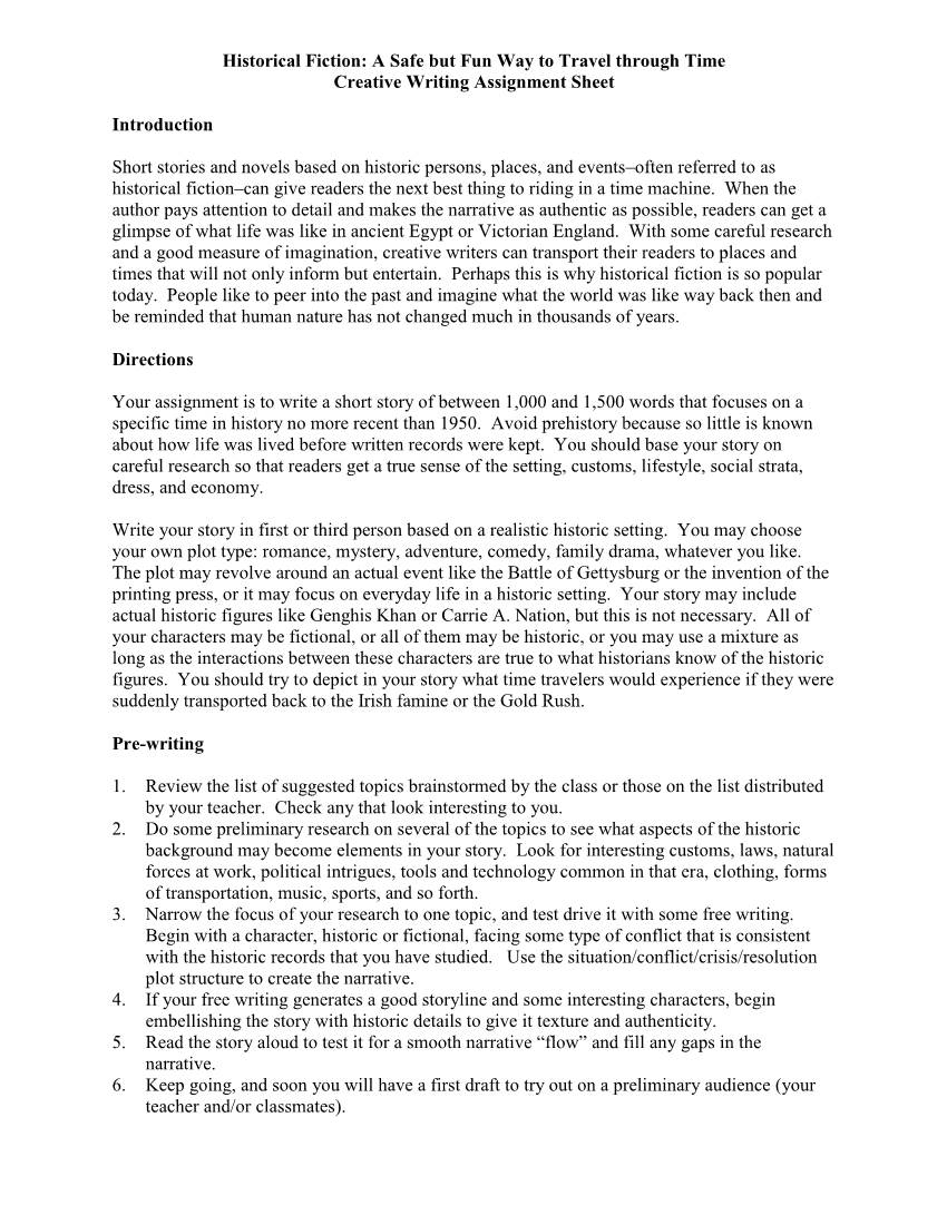 Historical Fiction: a Safe but Fun Way to Travel Through Time Creative Writing Assignment Sheet