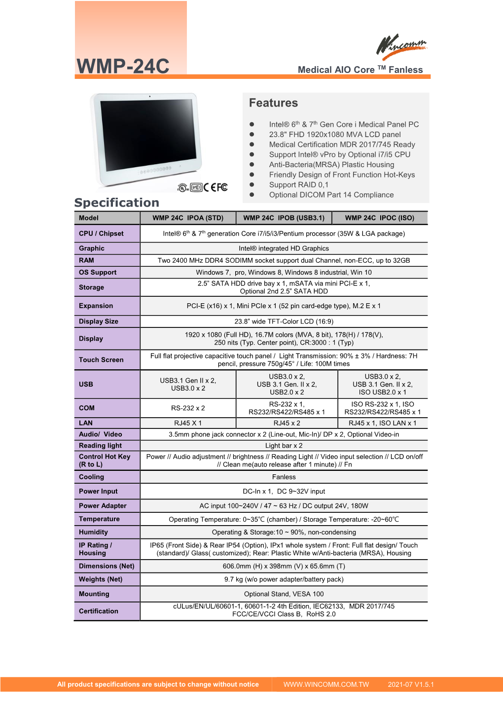 WMP-24C Medical AIO Core TM Fanless