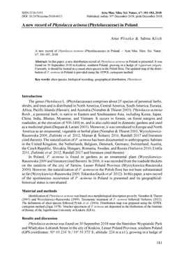 A New Record of Phytolacca Acinosa (Phytolaccaceae) in Poland