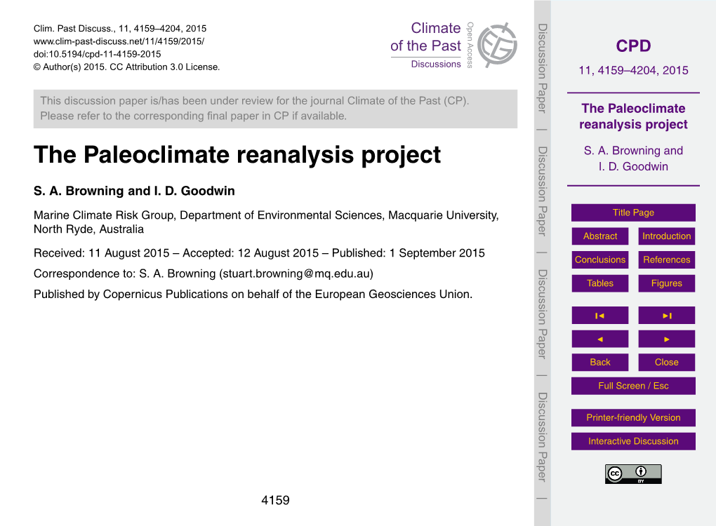 The Paleoclimate Reanalysis Project I