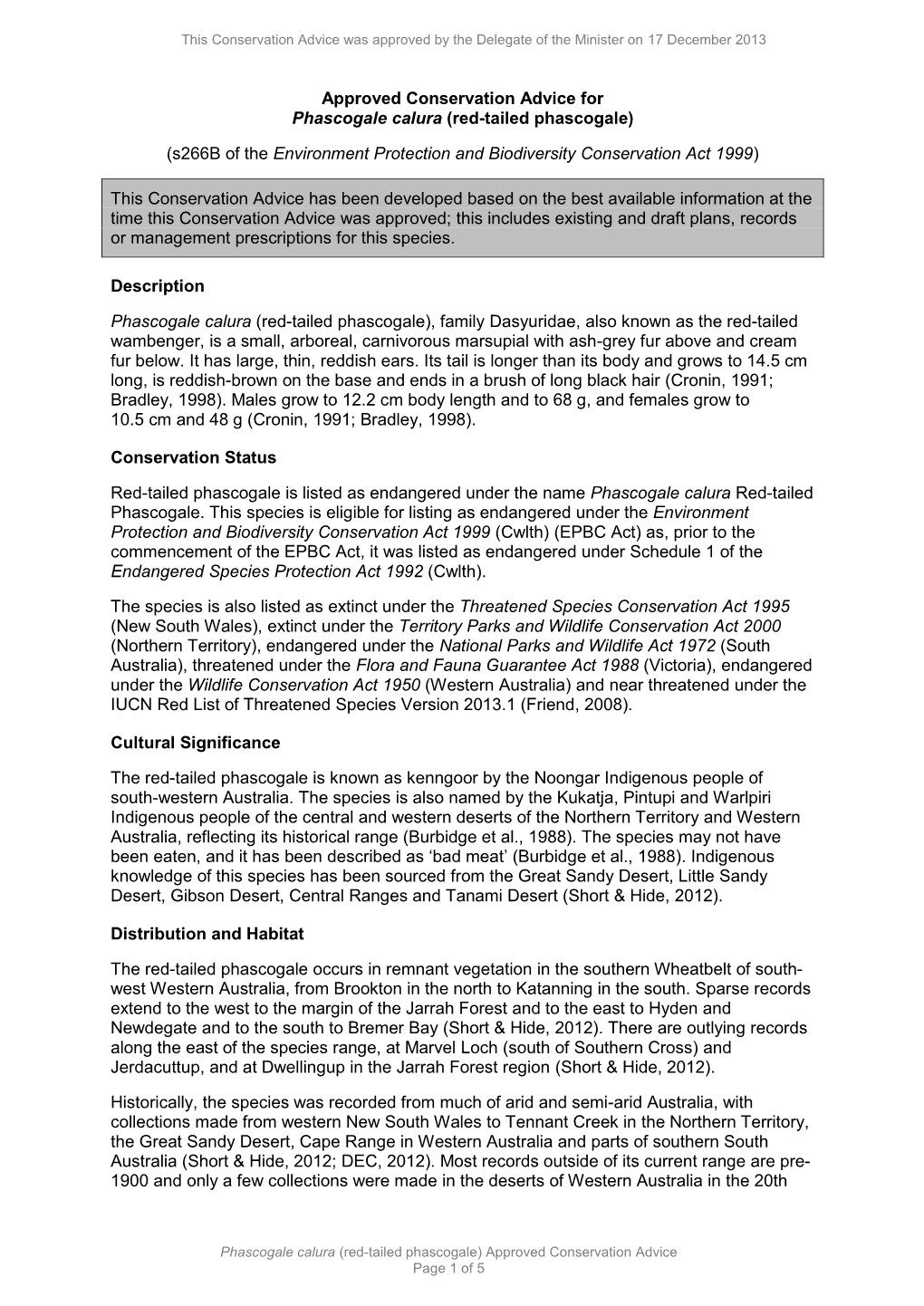 Approved Conservation Advice for Phascogale Calura (Red-Tailed Phascogale)