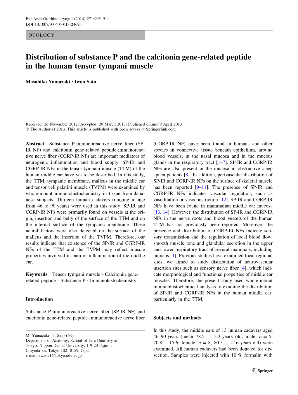 Distribution of Substance P and the Calcitonin Gene-Related Peptide in the Human Tensor Tympani Muscle