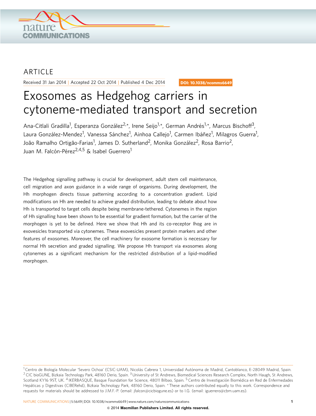 Exosomes As Hedgehog Carriers in Cytoneme-Mediated Transport and Secretion