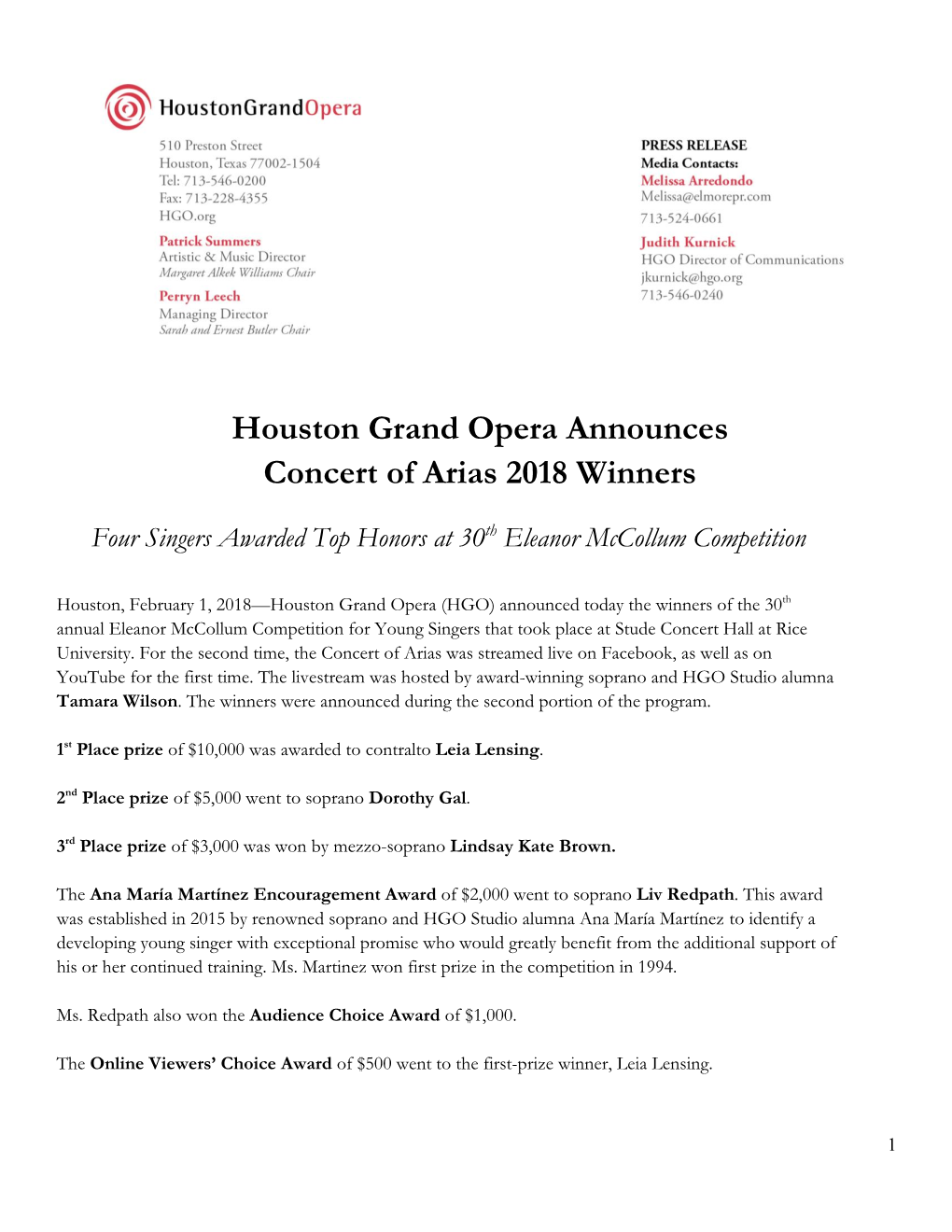 Houston Grand Opera Announces Concert of Arias 2018 Winners
