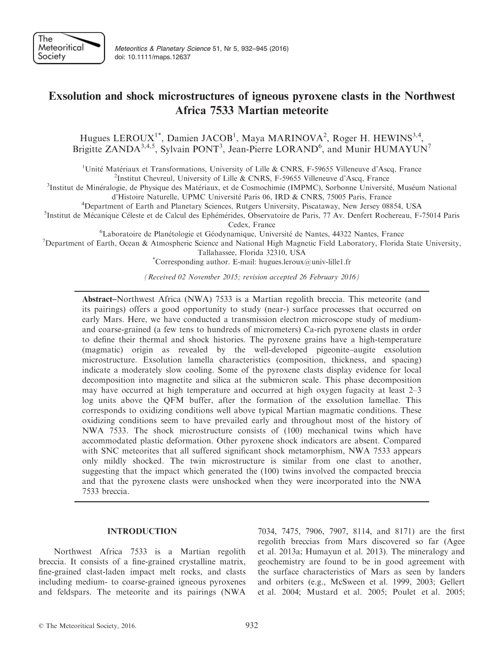 Exsolution and Shock Microstructures of Igneous Pyroxene Clasts in the Northwest Africa 7533 Martian Meteorite