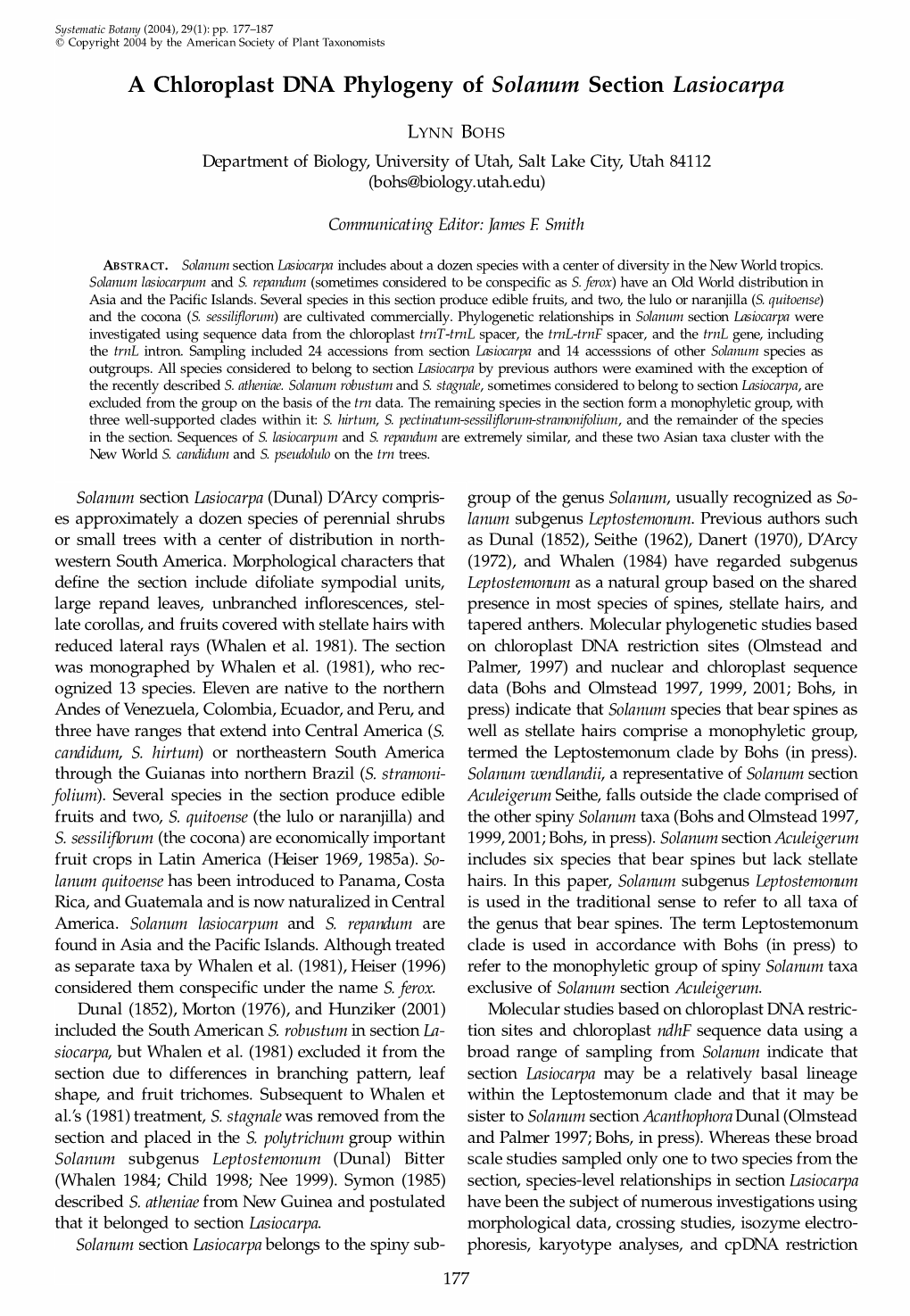 A Chloroplast DNA Phylogeny of Solanum