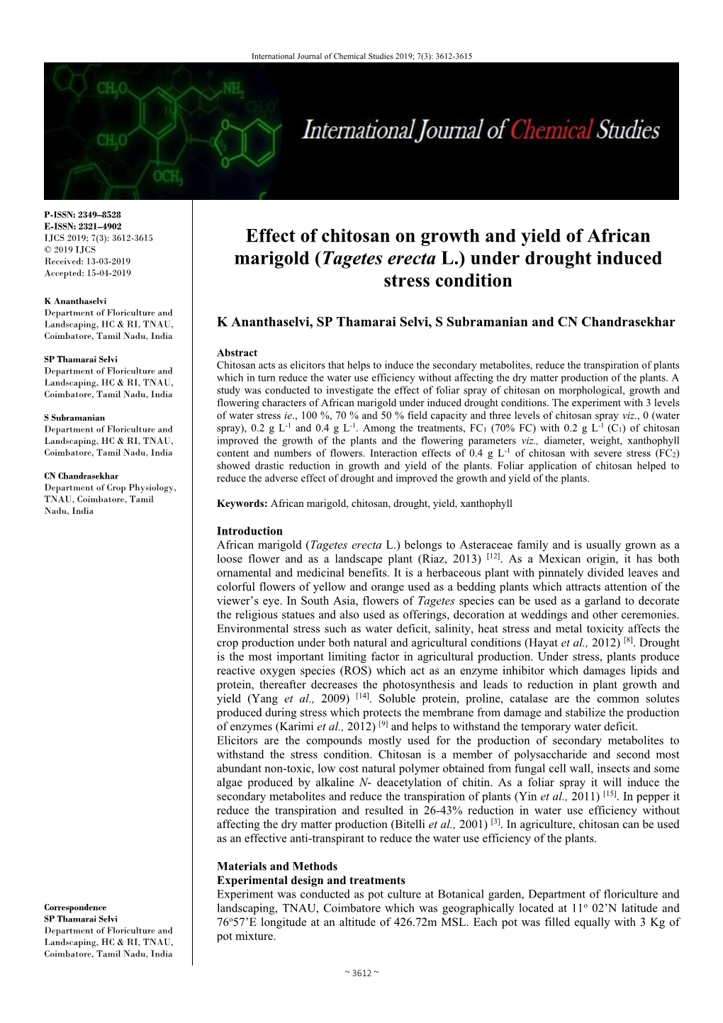 Effect of Chitosan on Growth and Yield of African Marigold (Tagetes Erecta L.) Under Drought Induced Stress Condition