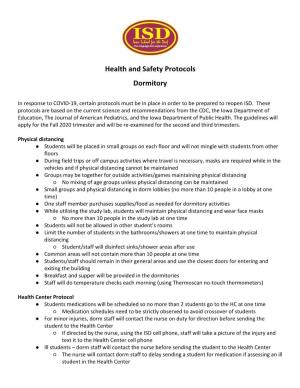 Health and Safety Protocols Dormitory
