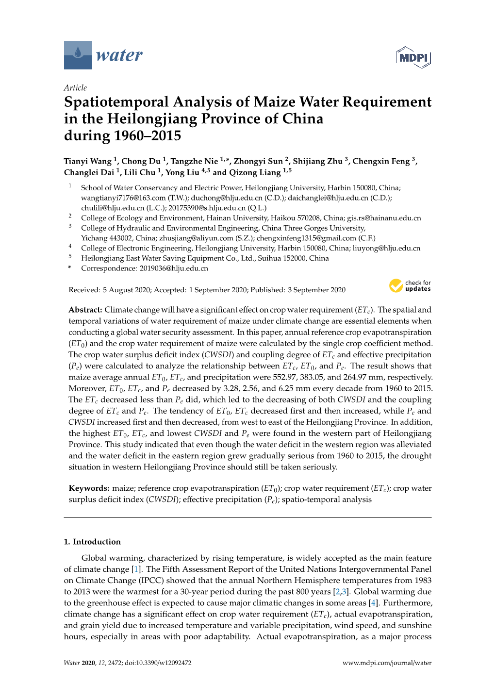 Spatiotemporal Analysis of Maize Water Requirement in the Heilongjiang Province of China During 1960–2015