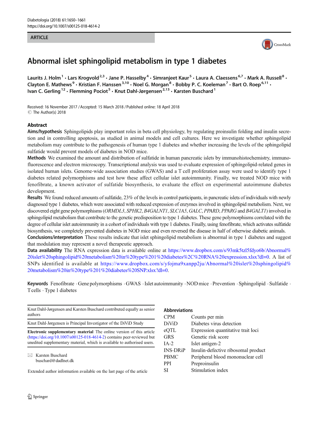 Abnormal Islet Sphingolipid Metabolism in Type 1 Diabetes