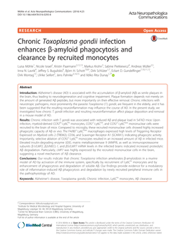 Chronic Toxoplasma Gondii Infection Enhances Β-Amyloid Phagocytosis and Clearance by Recruited Monocytes