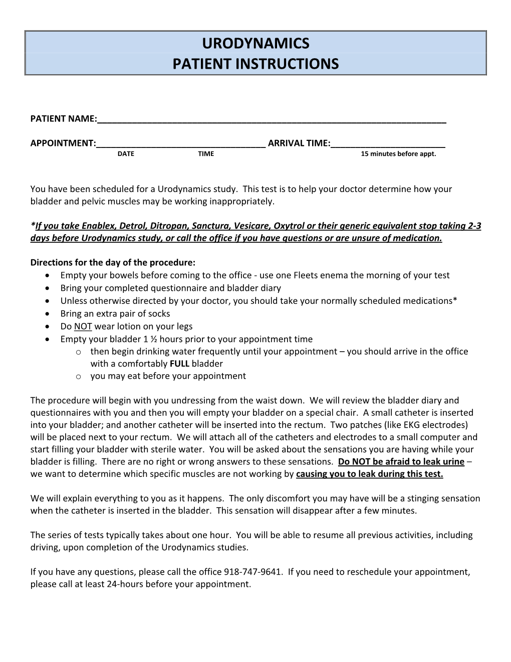 Urodynamics Test Pack for Patient