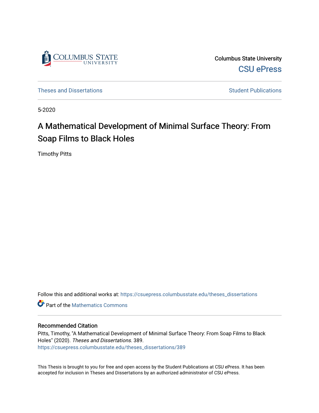 A Mathematical Development of Minimal Surface Theory: from Soap Films to Black Holes