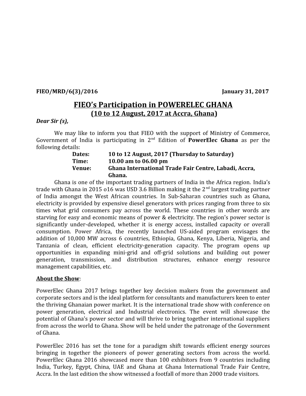 FIEO S Participation in POWERELEC GHANA