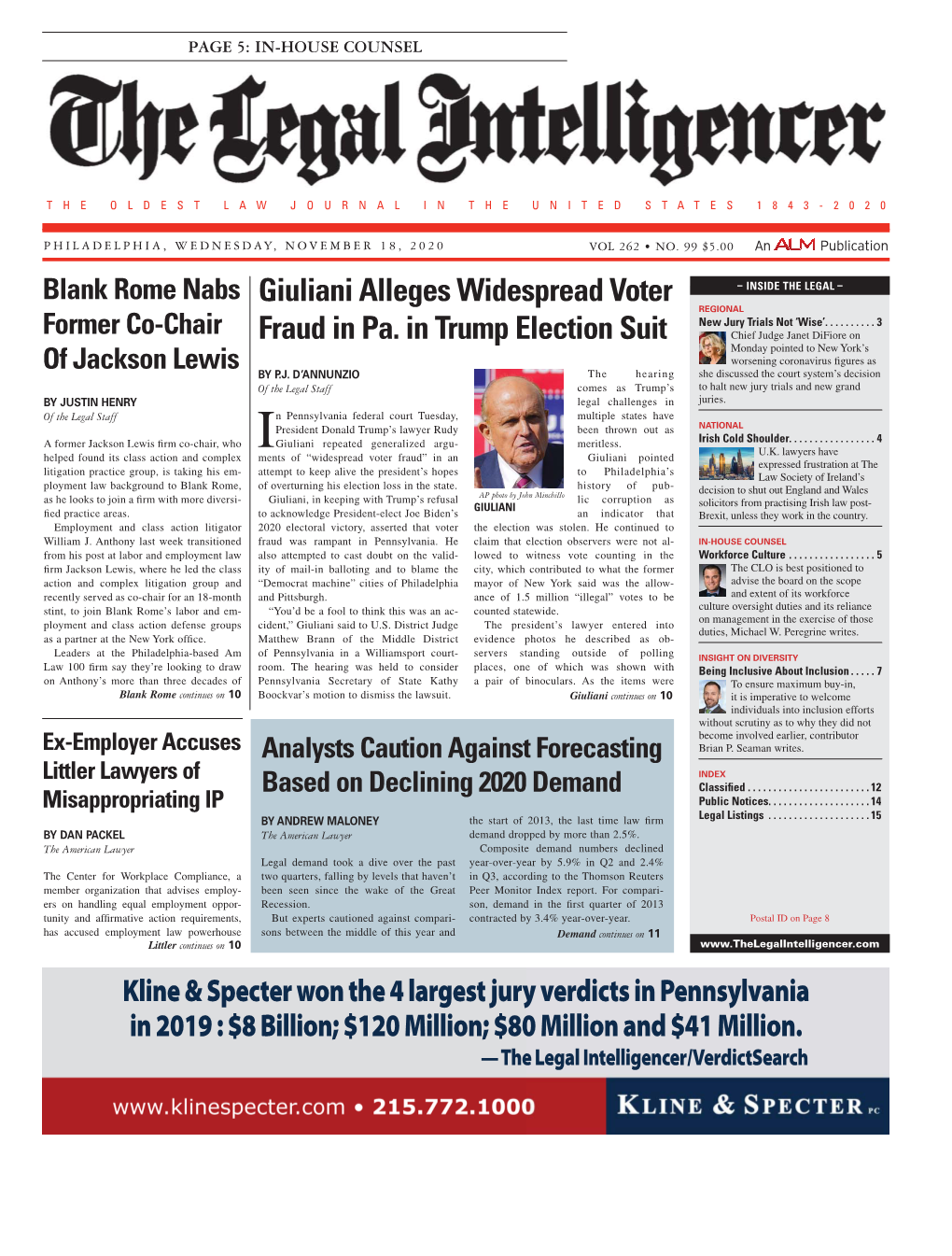 Kline & Specter Won the 4 Largest Jury Verdicts in Pennsylvania in 2019 : $8 Billion; $120 Million; $80 Million and $41