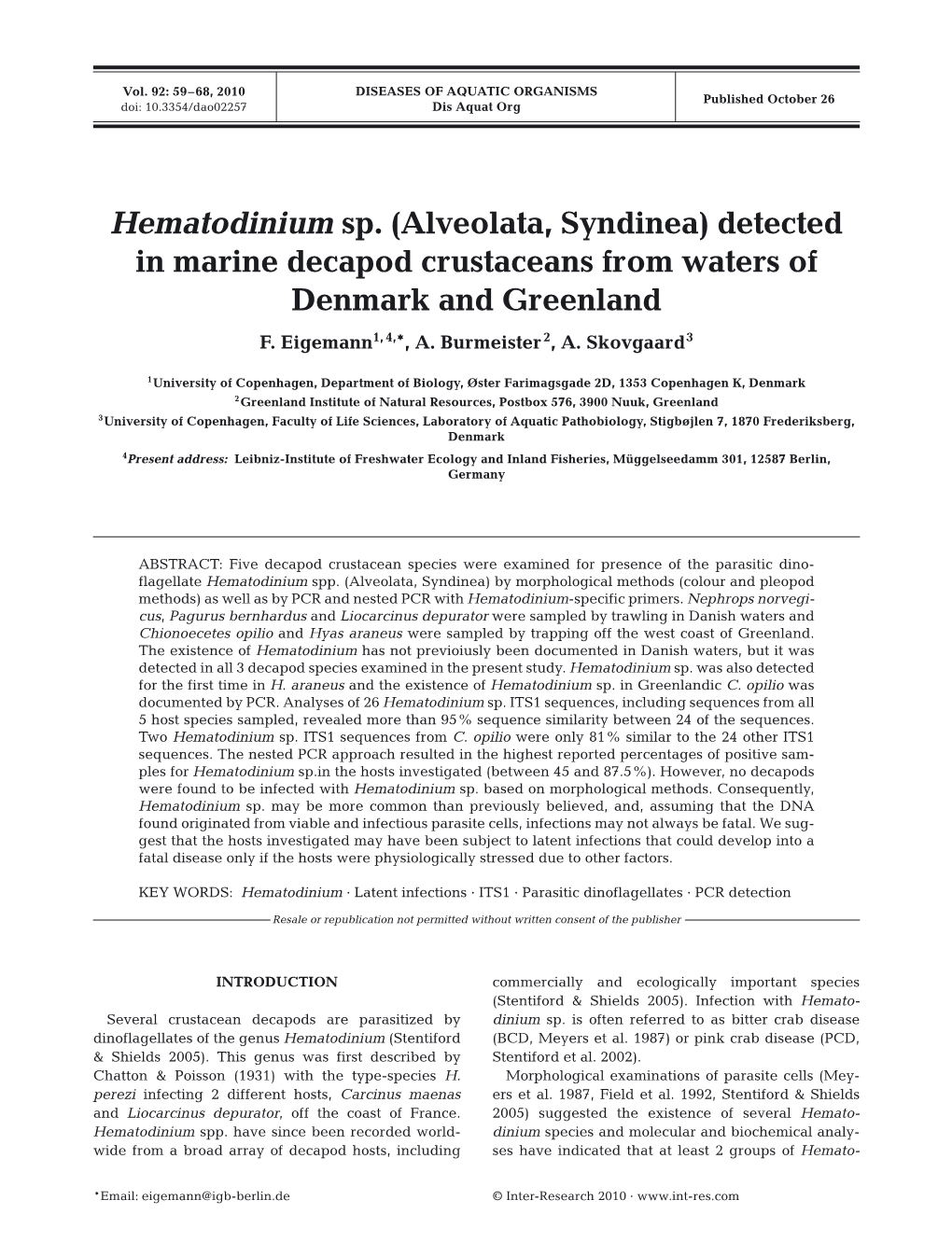 Hematodinium Sp.(Alveolata, Syndinea) Detected in Marine