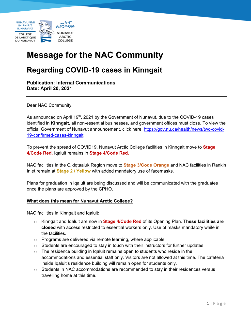 Message for the NAC Community Regarding COVID-19 Cases in Kinngait