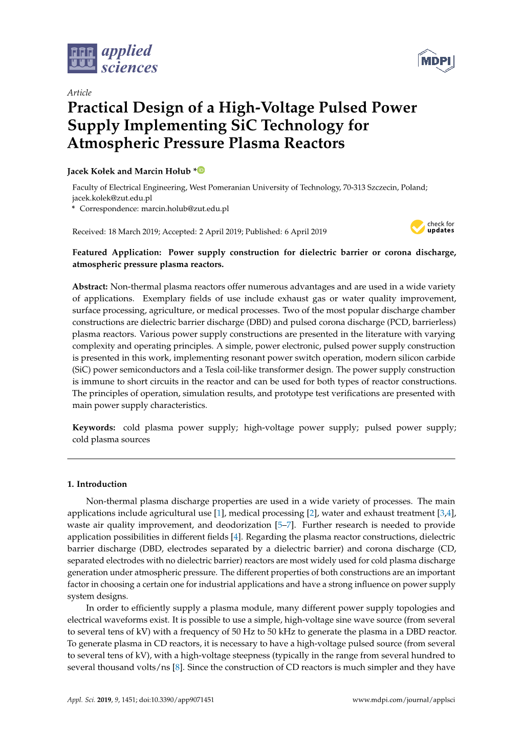 Practical Design of a High-Voltage Pulsed Power Supply Implementing Sic Technology for Atmospheric Pressure Plasma Reactors