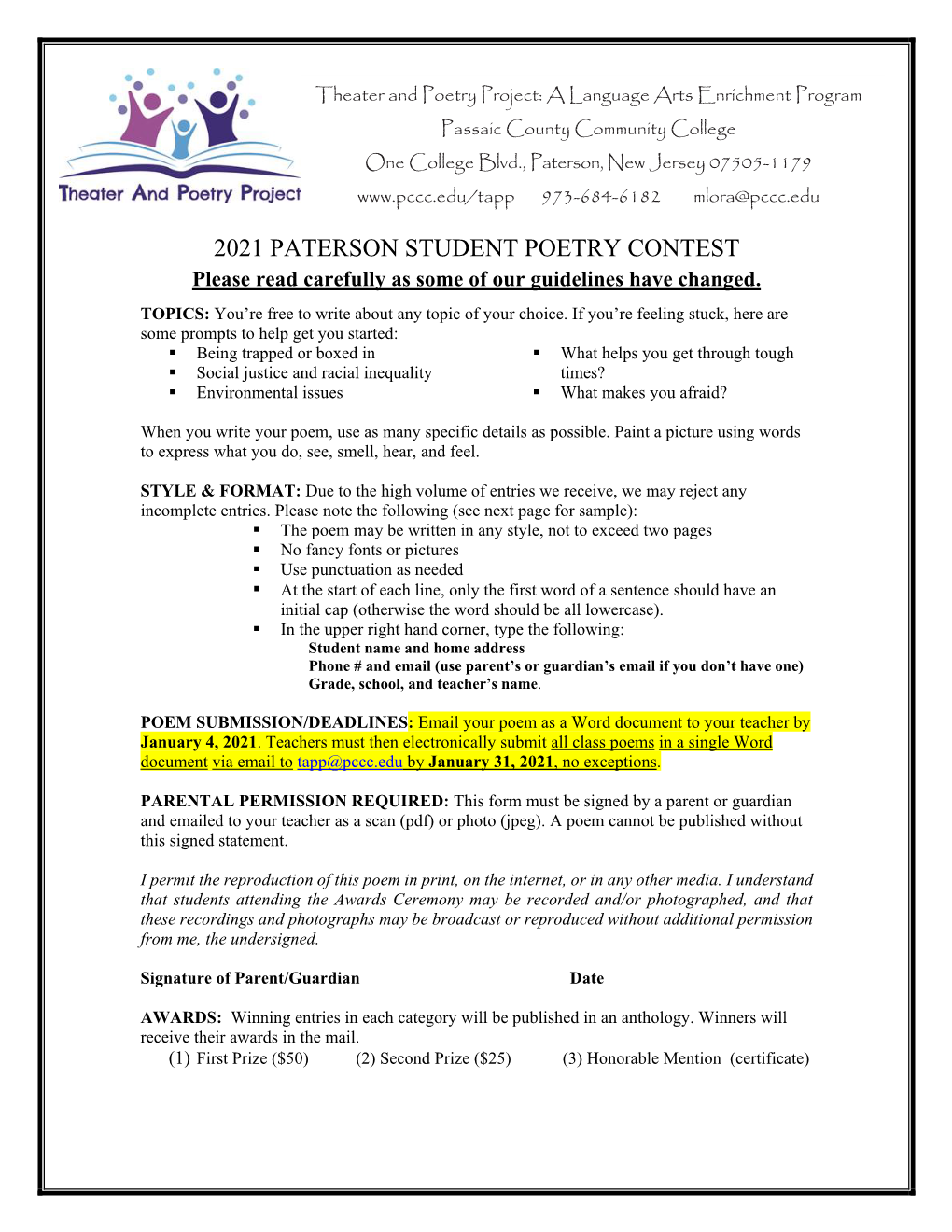 2021 PATERSON STUDENT POETRY CONTEST Please Read Carefully As Some of Our Guidelines Have Changed