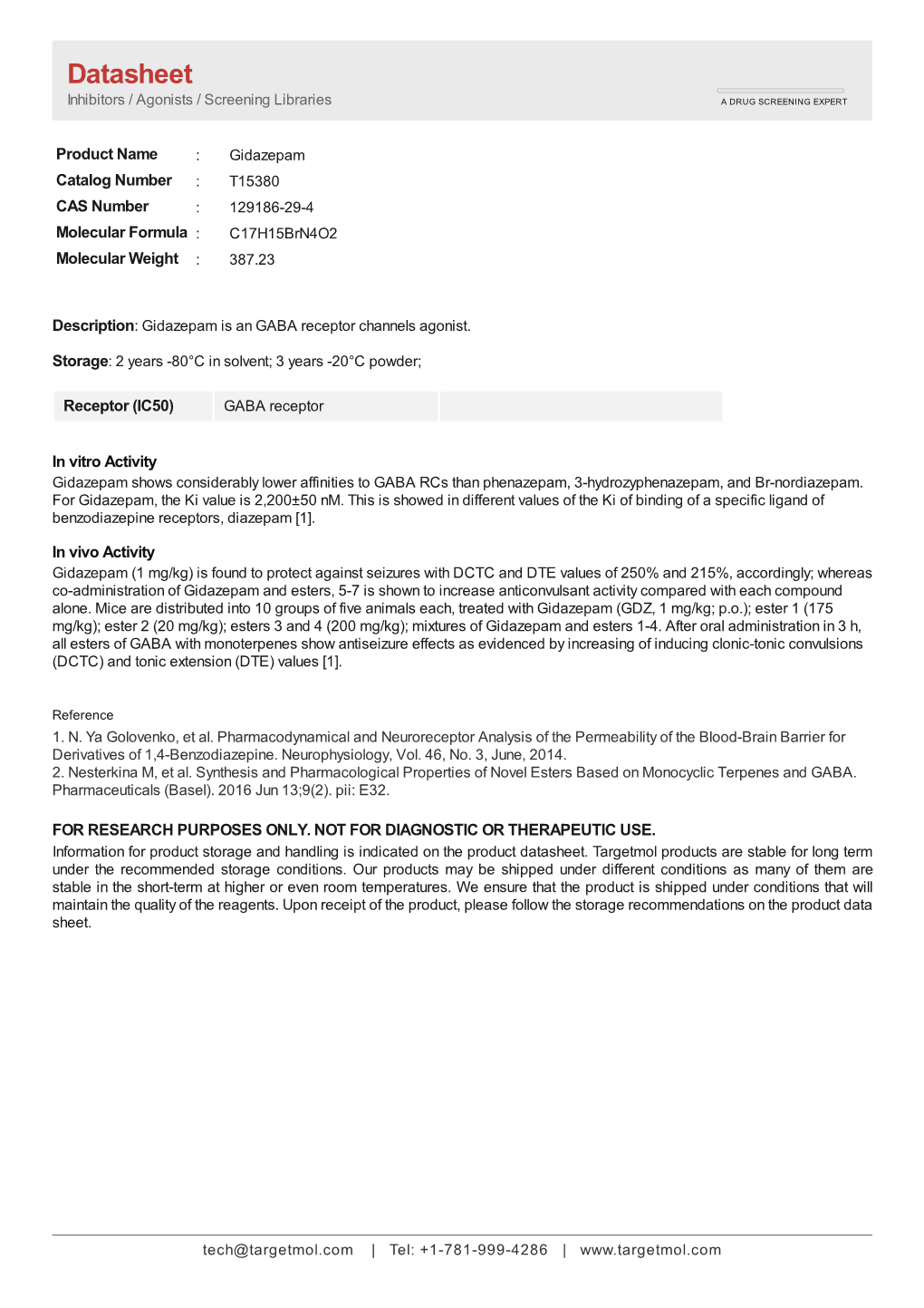 Datasheet Inhibitors / Agonists / Screening Libraries a DRUG SCREENING EXPERT