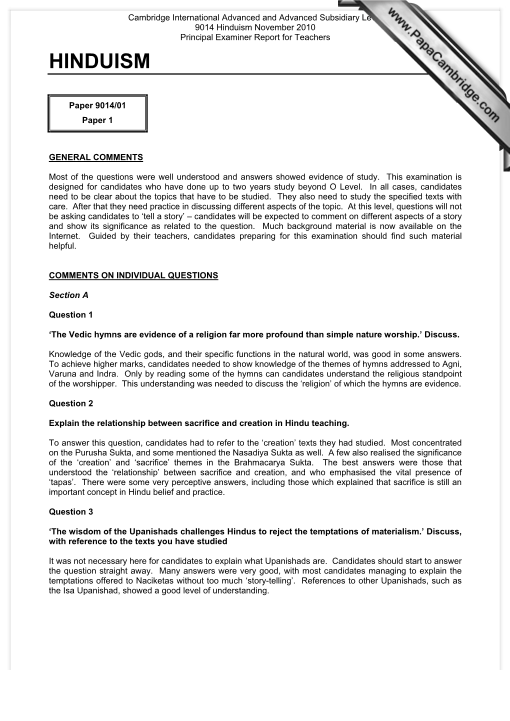 Hinduism November 2010 Principal Examiner Report for Teachers HINDUISM