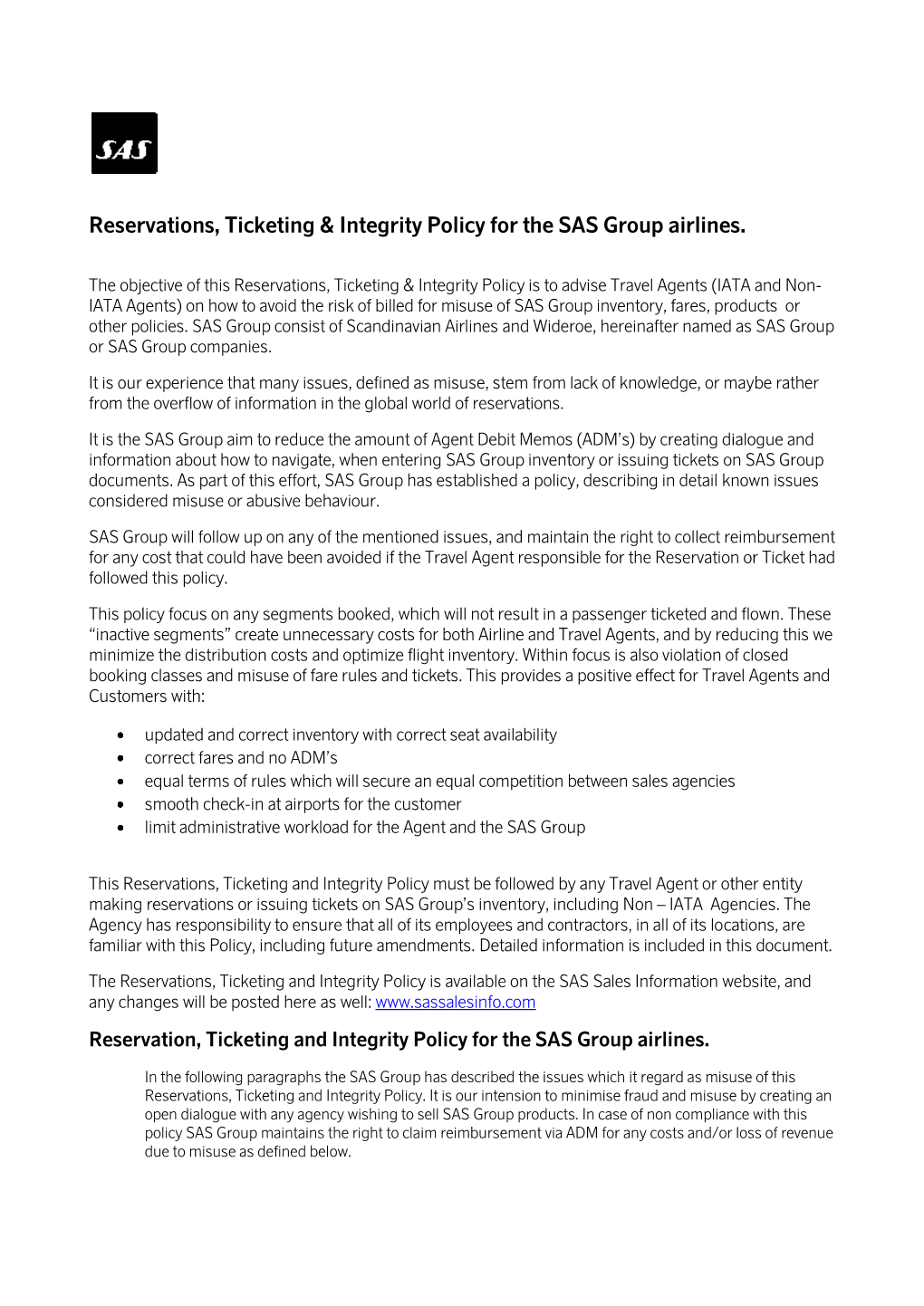 Reservations, Ticketing & Integrity Policy for the SAS Group Airlines