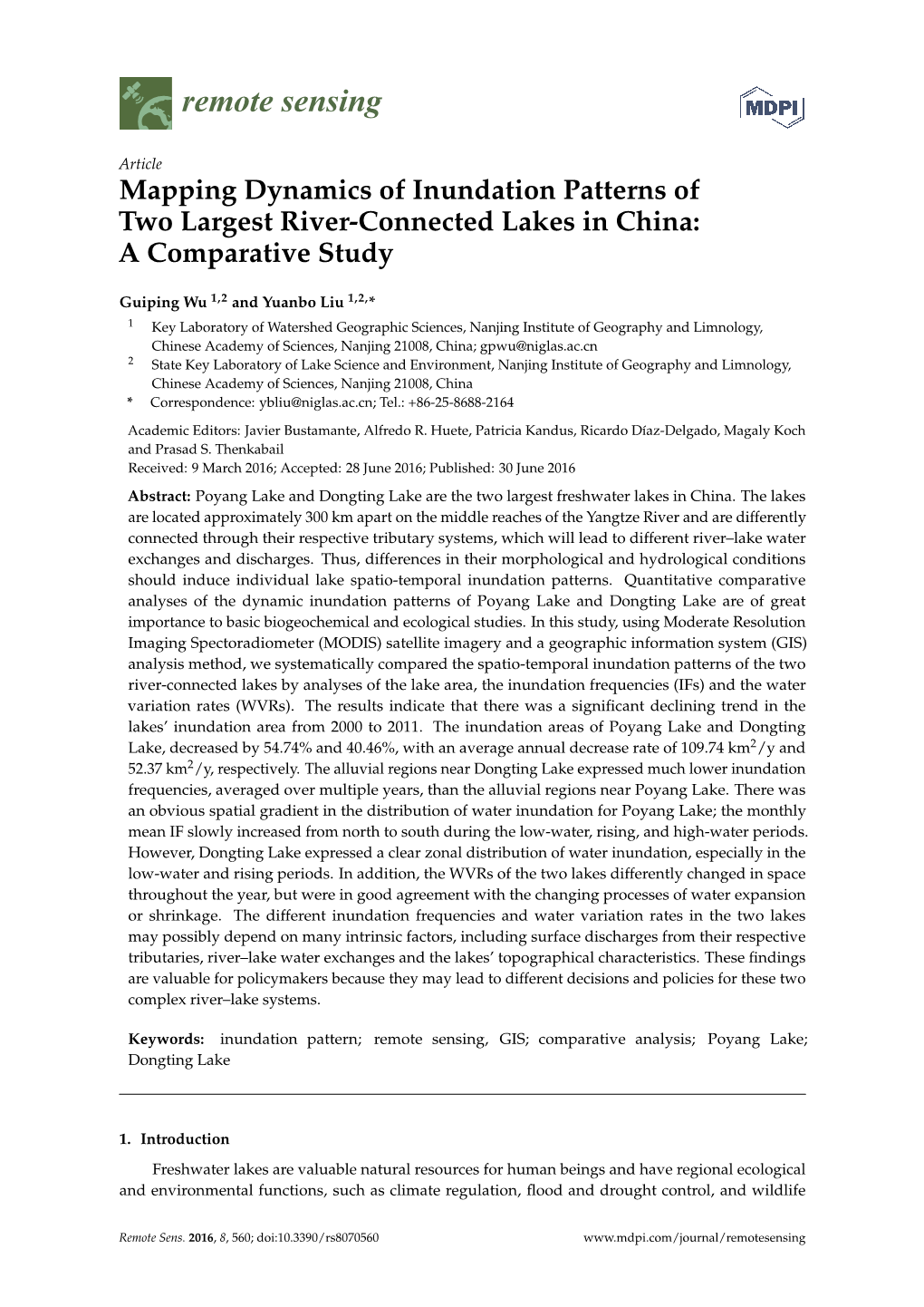 Mapping Dynamics of Inundation Patterns of Two Largest River-Connected Lakes in China: a Comparative Study