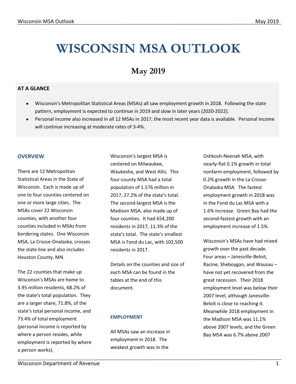 Wisconsin MSA Outlook May 2019
